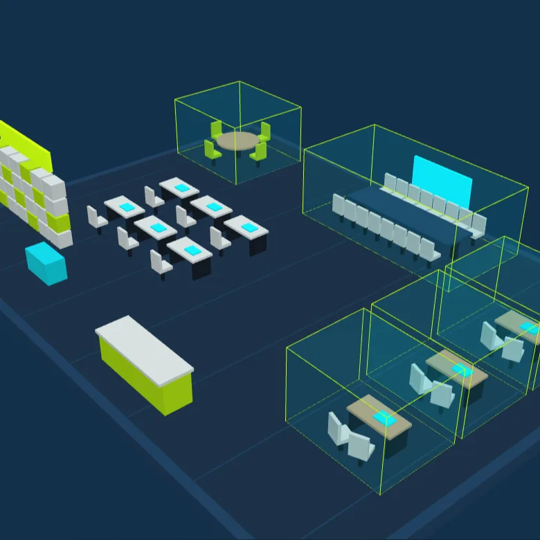 Isometric model of the Mehta Biz Space floor with cabins, desks, meeting and conference rooms